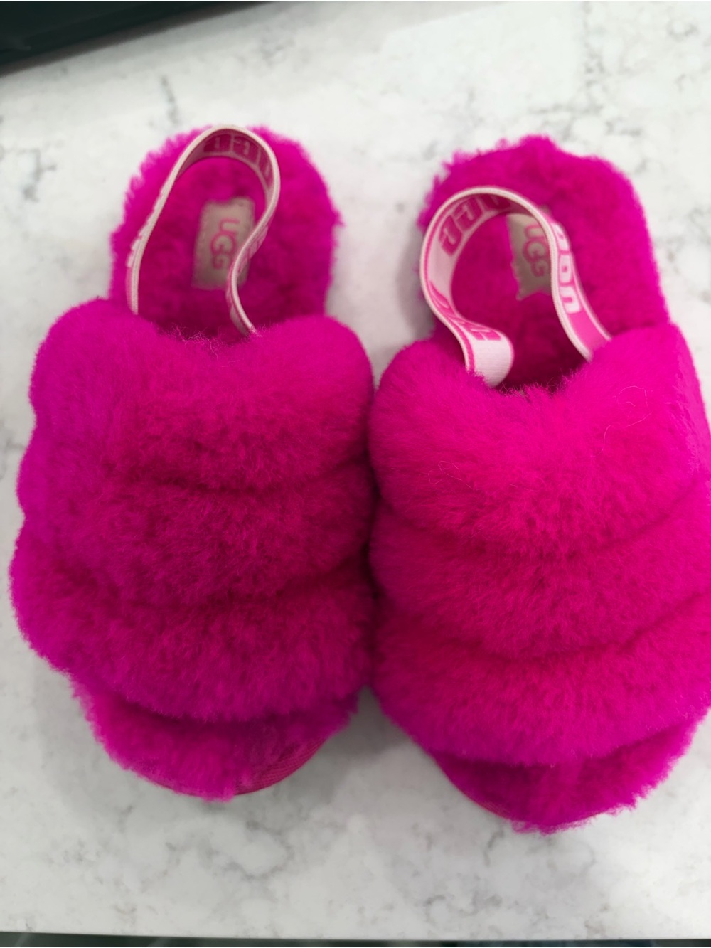 UGG Girls Hot Pink Fluff Yeah Slide with Elastic Strap